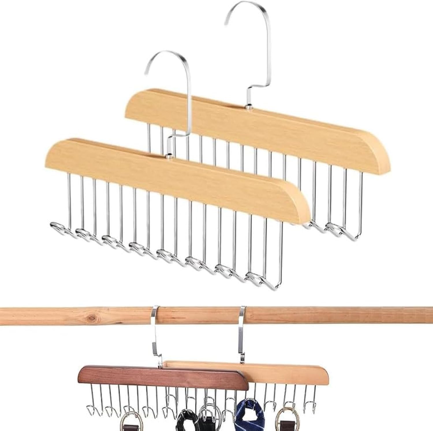 MosQuick® Set of 2 Tie Hanger with 8 Hanger Hooks, Scarf and Bra Organiser, Wooden Hangers for Wardrobe Multipurpose Cloth Hanger Belt Hangers for Wardrobe Storage Cupboard Organizer - Brown (B0CTQ9YVF5) Amazon Price History, Amazon Price Tracker
