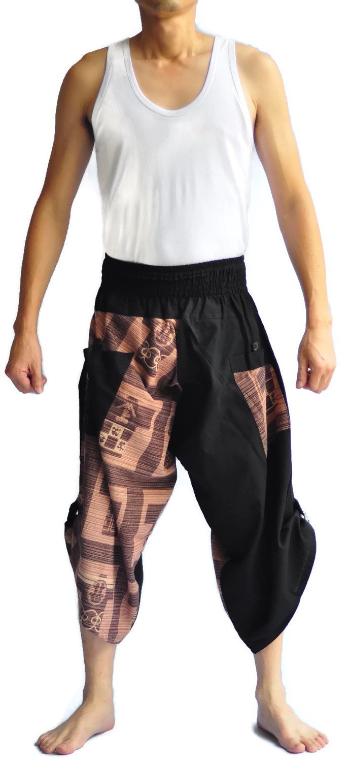 Unisex 2 Tone Thai Fisherman Pants Yoga Trousers Free Size Cotton Black and Brown Leaf Design