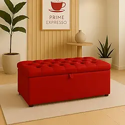 Puff Baú Pé De Cama 90 Cm Sued Capitone Armazenamento Quarto Decorativo Confortável(Vermelho,Tampa Lisa 4 cm De Altura)