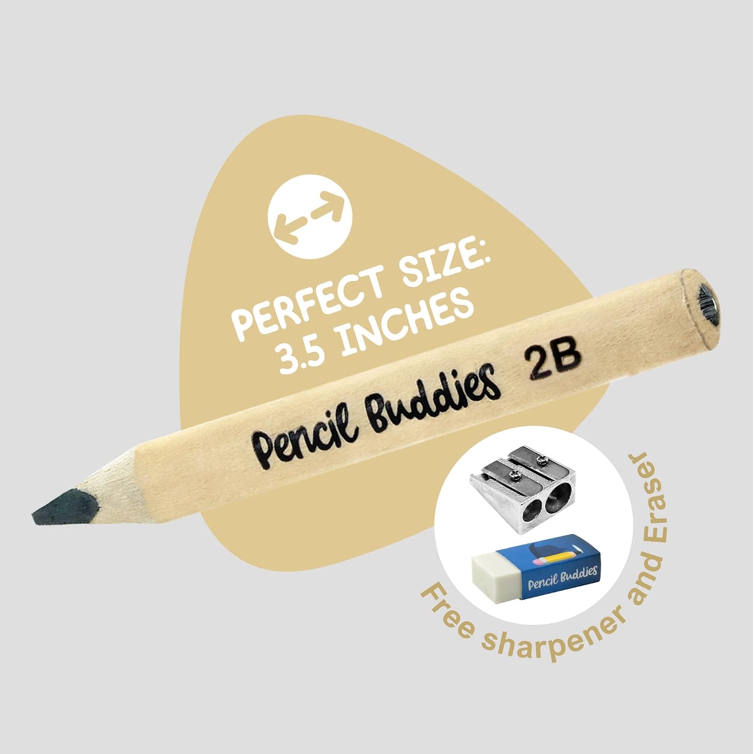 Pencil Buddies Short Thick Triangular Kids Pencils for 2-8 Year Olds, 2B Fat Pencils With Unbreakable 5MM Graphite Core, Pencil Sharpener and Eraser Included, (Natural Wood, Single Pack)