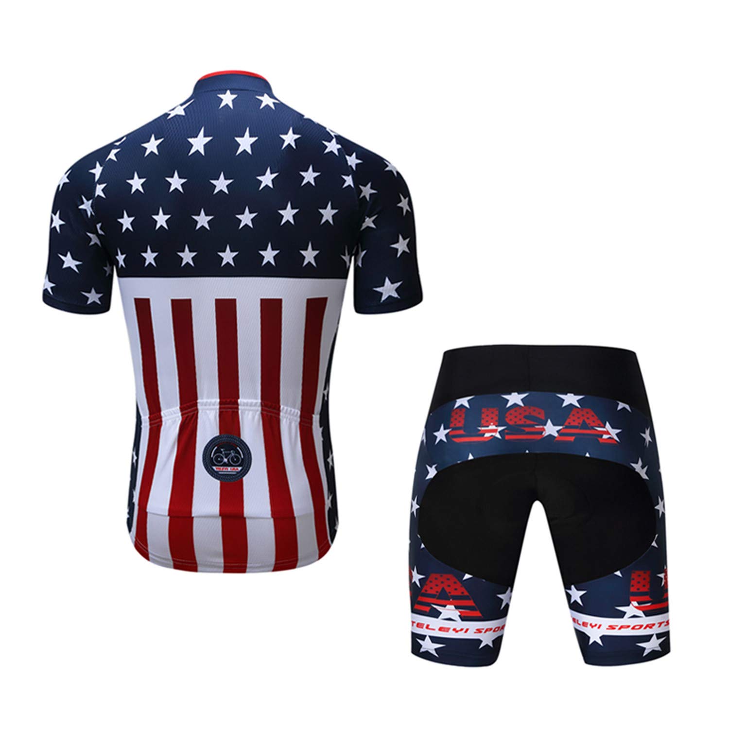 Men Cycling Jersey Short Sleeve Set USA Bike Shirt Reflective,Quick Dry+5D Padded Shorts S-3XL