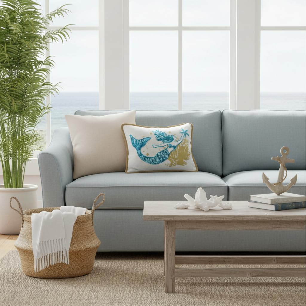 Comfy Hour Almohada de sirena de 18 x 13 pulgadas, decoración costera de estrella de mar | Estrella de mar, poliéster bordado azul azulado y dorado, decoración náutica para sofá, cama, sofá, oficina