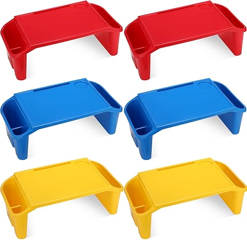 Geetery 6 bandejas de escritorio de regazo para niños con almacenamiento de plástico para computadora portátil con bolsillos laterales y ranura,