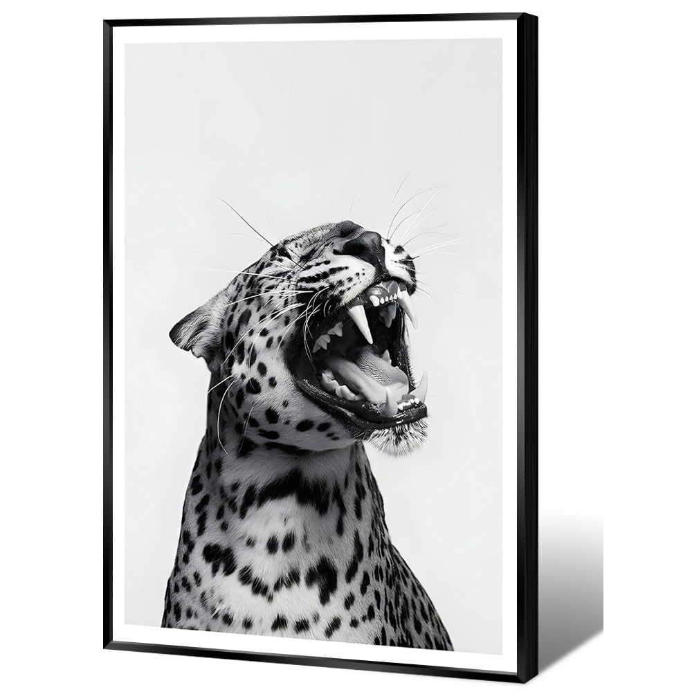 Funny Animal Posters: Black and White Leopard Roaring Wall Art, Vintage Cheetah Decor, Trendy Print on Canvas, Wildlife Aesthetic, 12x16in Metal Black Frame