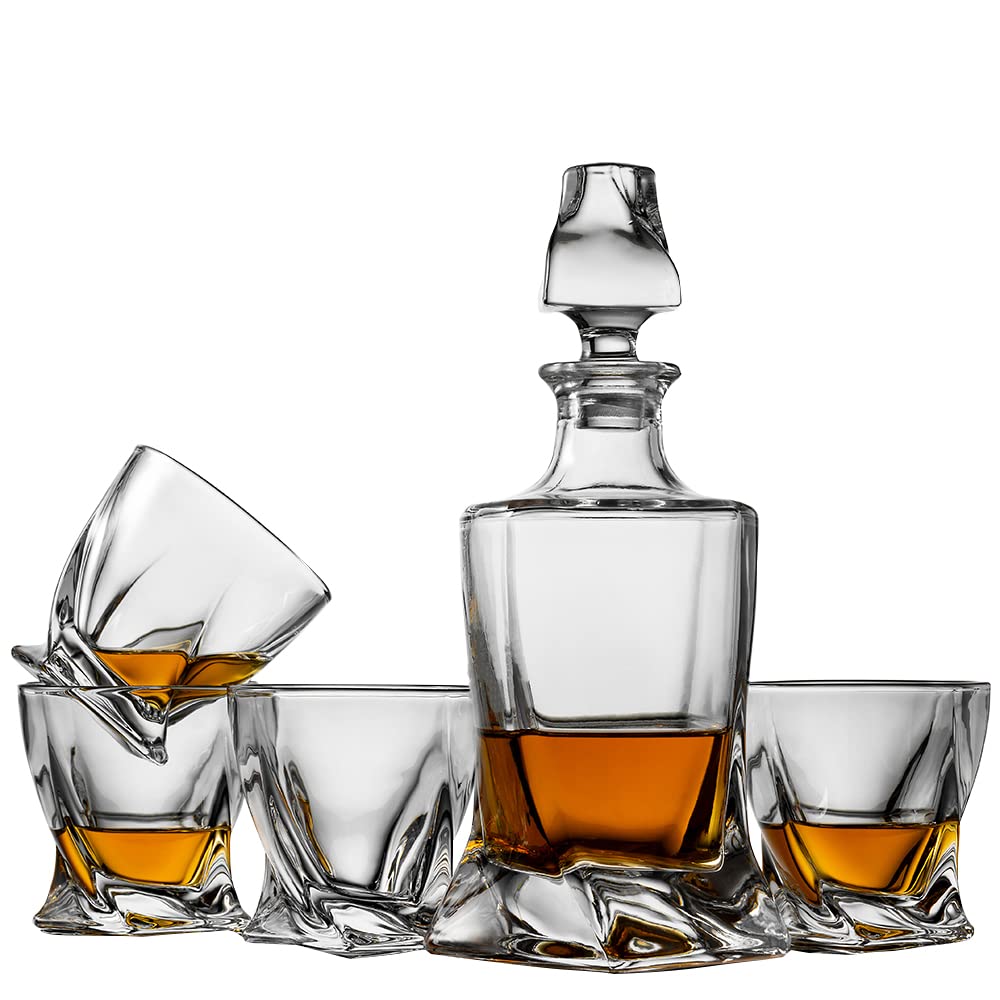 prezenty do whisky dla mężczyzn, zestaw karafki do whisky z 4 szklankami w pudełku upominkowym, elegancki skręcony design ze szklanym korkiem – likier, burbon, brandy, gin, rum, tequila, wódka, koniak