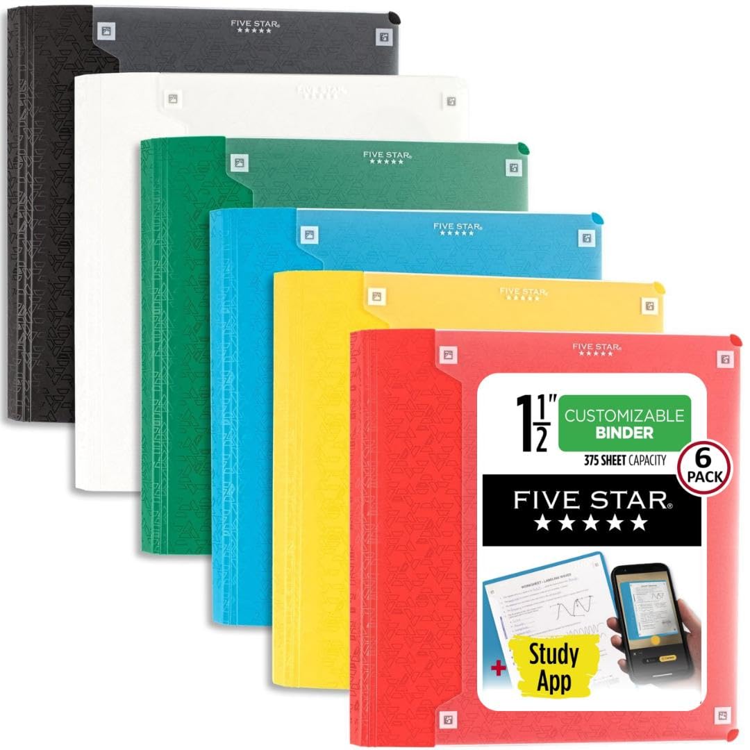 Five Star 1-1/2" Customizable Plastic Binder + Study App, 6 Pack, Assorted Colors (261460-23)