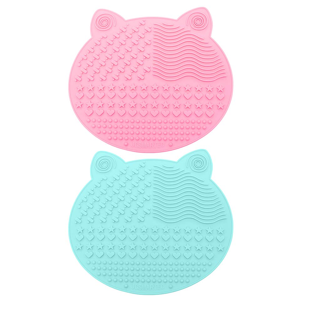 JCSMARTEC 2Pack Makeup Brush Cleaning Mat, Cute Cat Ear Animal Design Silicone Brush Cleaner Pad with Suction Cups (Pink+Green)
