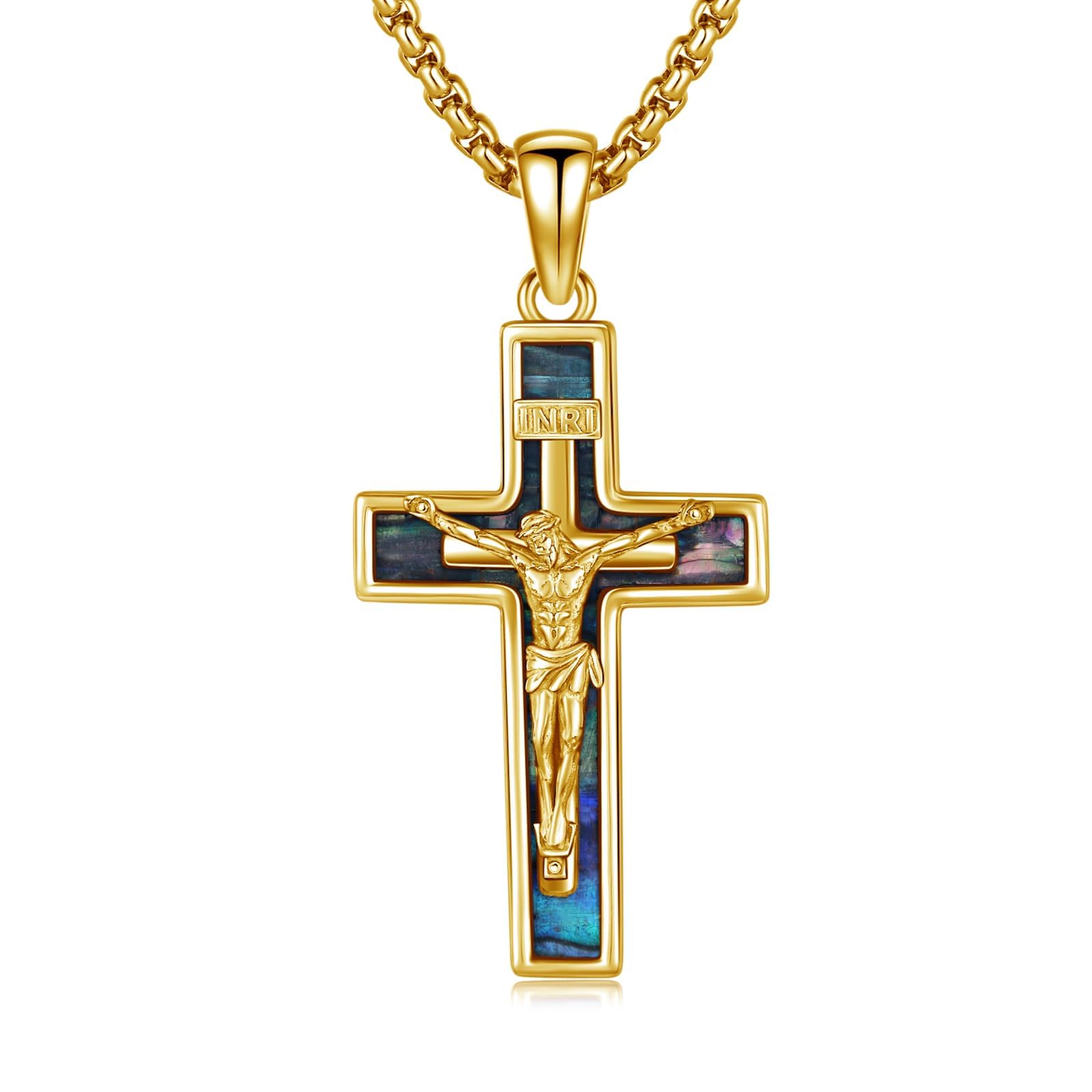 OHAYOO Kreuz Kette für Herren - 925 Silber Kruzifix Kreuzanhänger mit Abalone/Türkis/Malachit/Lapislazuli & Edelstahlkette - Christliche Silber Kette für Männer