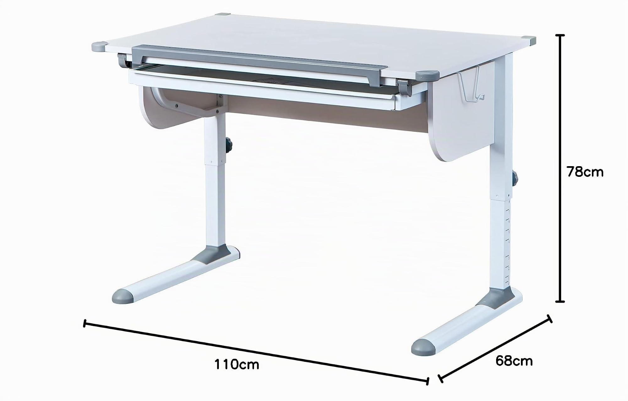Höhenverstellbarer Schreibtisch mit kippbarer Ablage, in Weißmetall, 110x68x55-78 cm