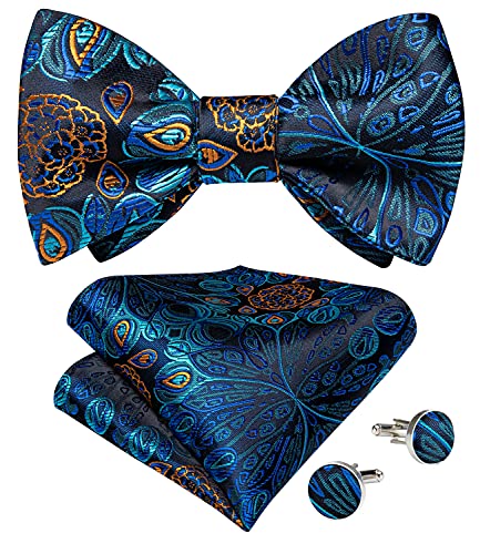 Image of DiBanGu Men Bow Tie Paisley Striped Self-Bow Tie for Men and Silk Woven Bowtie Pocket Square Cufflinks Wedding Party