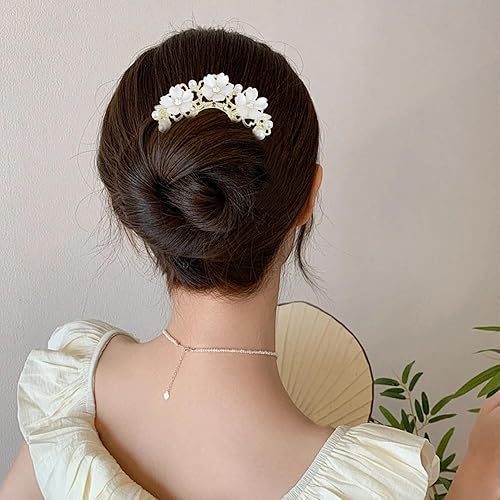 Miniatura 3 de 2 pinzas para el cabello con flores de perlas, horquillas francesas en forma de U, para hacer moños de metal dorado, accesorios para el cabello de