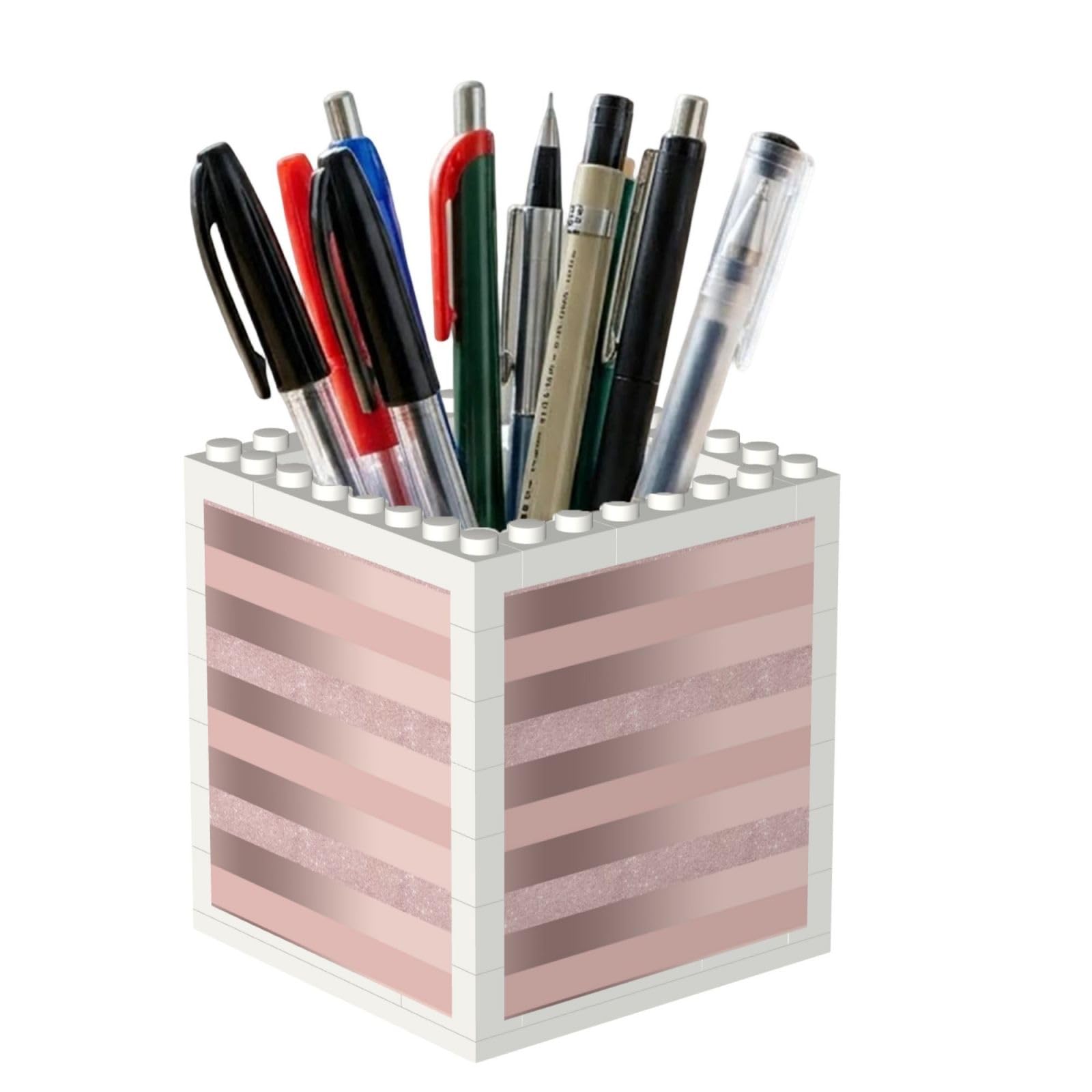 Poadnly Elegant Rose Gold Glitter Blush Pink Stripe, Pen Pot Pencil Holder for Office Home School, Compact Desk Organiser for Office Stationery