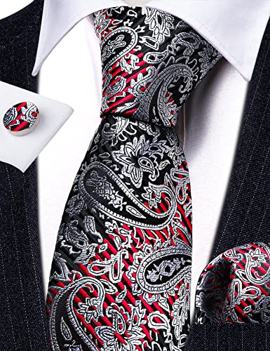 Image of Barry.Wang Men Ties Paisley Woven Silk Necktie Set with Pocket Suqare Cufflinks Formal
