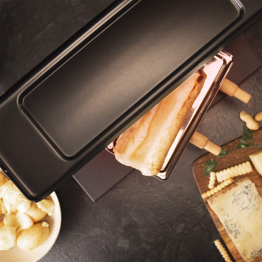 Cecotec Raclette Cheese&Grill 6000 Schwarz. Leistung 600W, Grillfunktion, Edelstahl-Finish, verstellbares Thermostat, 2 Holzspatel, antihaftbeschichteter oberer Grillrost