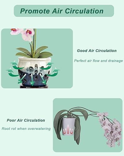 Miniatura 2 de 4 Inch Ceramic Orchid Pots with Holes and Saucers - 2 Pcs Small Ceramic Orchid Planter Pots for Repotting, Plant Garden Pots for Indoor and Outdoor