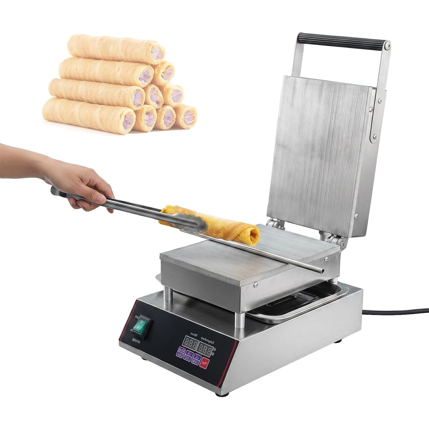Macchina elettrica per rotoli di uovo da 1650 W, in acciaio inox, con piastre riscaldanti su entrambi i lati, controllo digitale della temperatura e timer, ideale per caffetterie