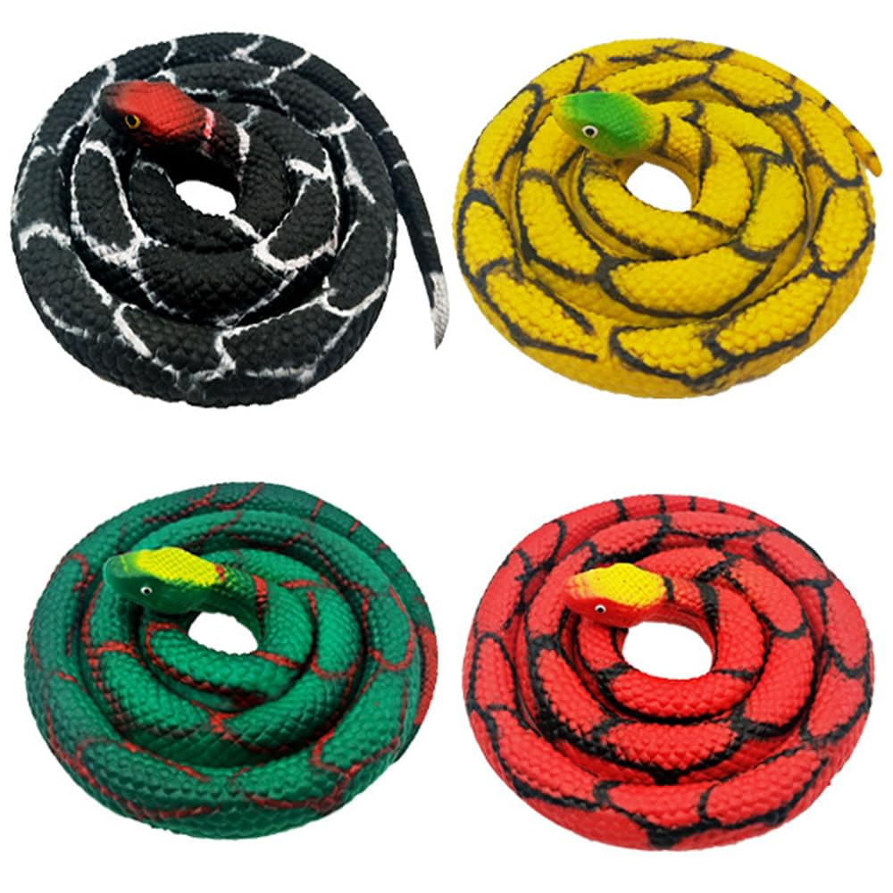 4 Pieces Realistic Soft Rubber Snakes, Fake Snake Pranks Toys for Garden Props to Scare Birds, Mice, Other Small Animal, Halloween Decoration - 27.6 Inch (Random 4 Colors)
