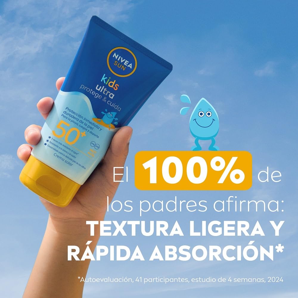 NIVEA SUN Kids Ultra Protege & Cuida FP50+ Crema solar para niños a partir de 3 años (150 ml), protector solar resistente al agua, crema hidratante con protección solar UVA & UBV
