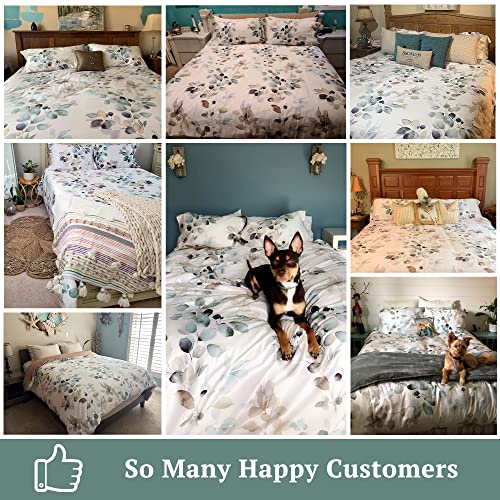 MILDLY Duvet Cover Set 100% Long-Staple Cotton Green Leaves Pattern Printed Comforter Cover 3pcs, Soft & Breathable Lightweigt Bedding Set