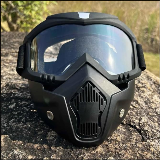 Motorcycle Goggles with Removable Face Mask, Black Frames, Mirror Lens