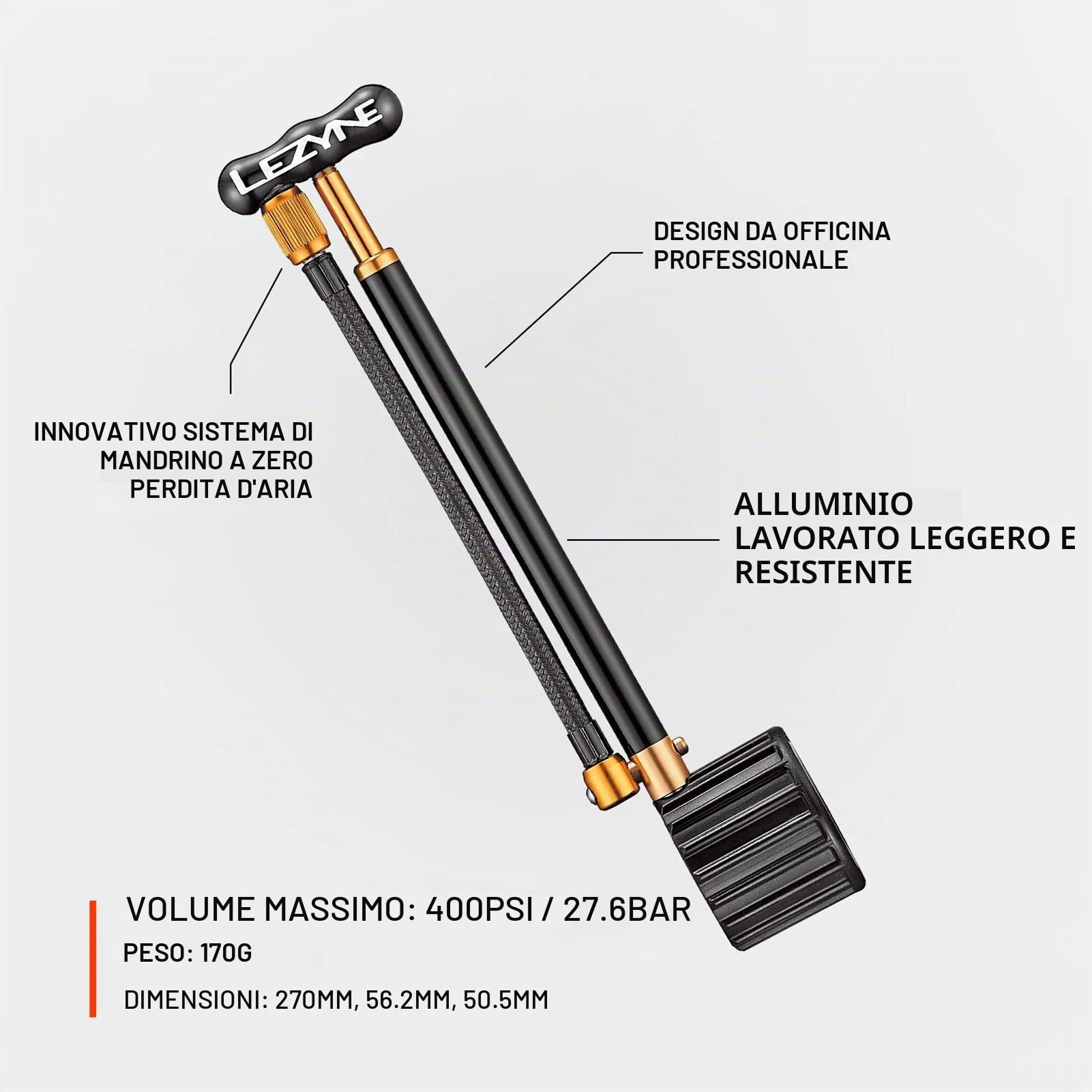 LEZYNE Pompa a mano per bicicletta, ad alta pressione, 400 psi, portatile, per mountain bike e bici da strada