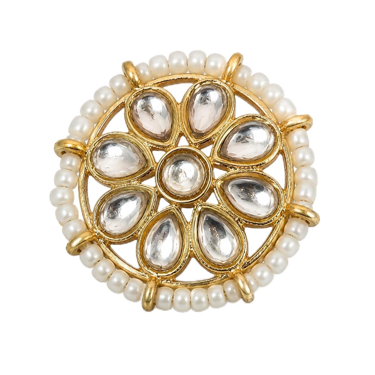 Gold Plated Kundan Studded Round Adjustable Ring with Pearl Border, Traditional Floral Design-image-9