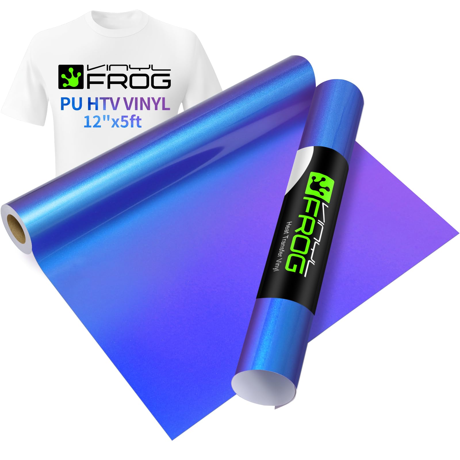 VINYL FROG Gradual Heat Transfer Vinyl Purple to Blue Chameleon Vinyl 12" x5ft with Iron and Heat Press Gradient Change Color HTV for T-Shirt and Garment — image 1