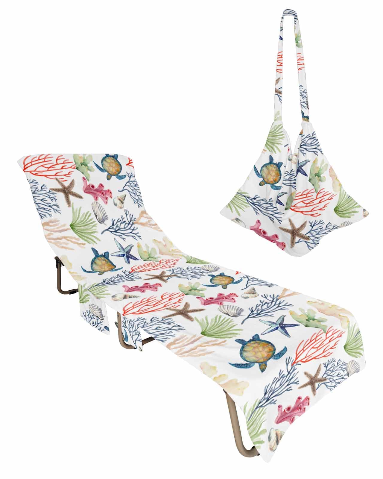 Coastal Nautical Beach Lounge Chair Towel Cover, Soft Chaise Lounge Towel with Side Pockets Patio Pool Chairs Cover for Beach/Pool Sunbathing 29x85 Summer Beach Coral Sea Turtle Starfish