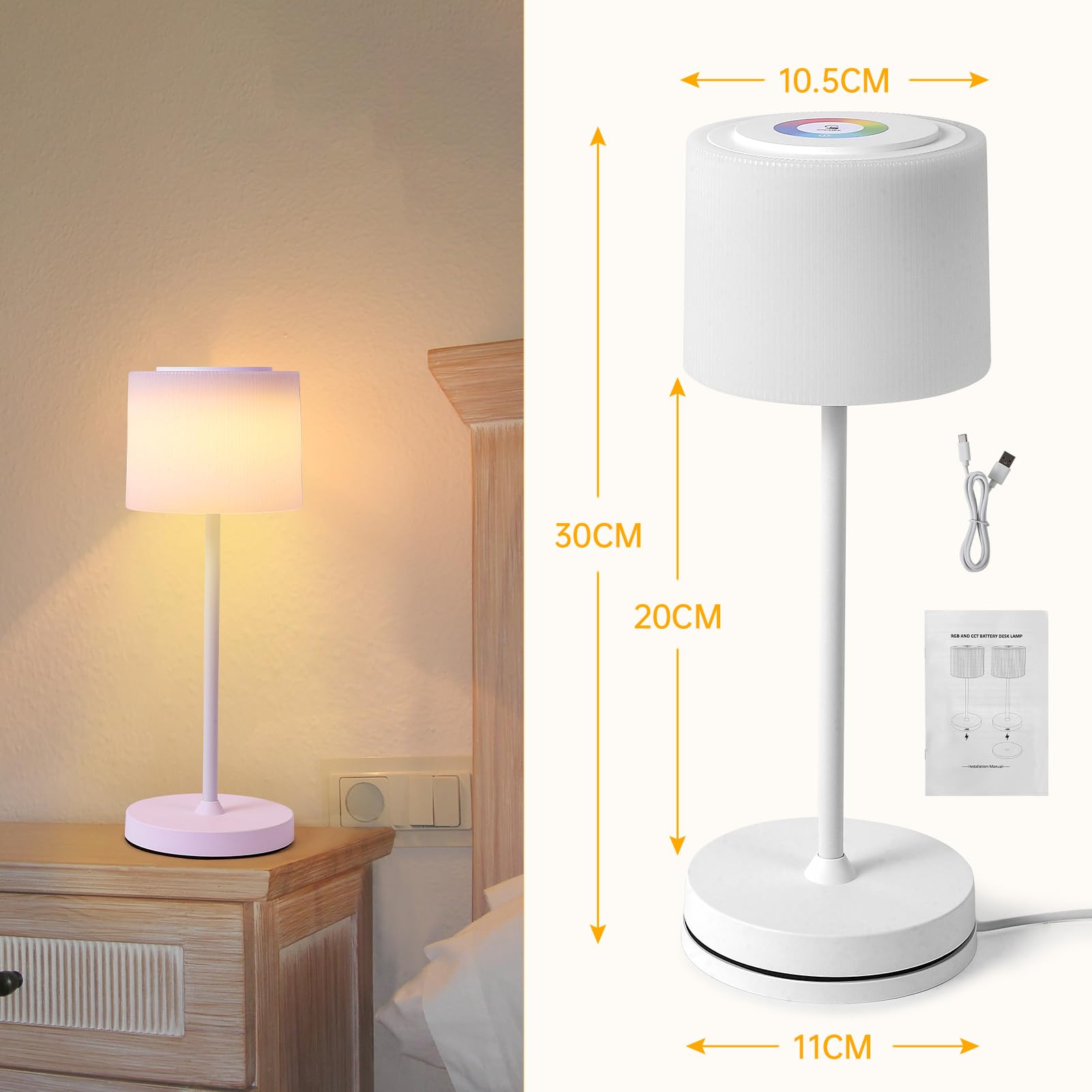 WOWDSGN Lampada da Tavolo con Base di Ricarica a Contatto - Lampada da Scrivania senza Fili Ricaricabile - 3000K/4000K/5000K/RGB - 4000mAh - Interni/Esterni