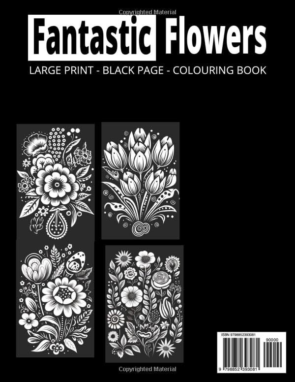 Miniatura 2 de Fantastic Flowers Large Print Black Background floral Colouring Book
