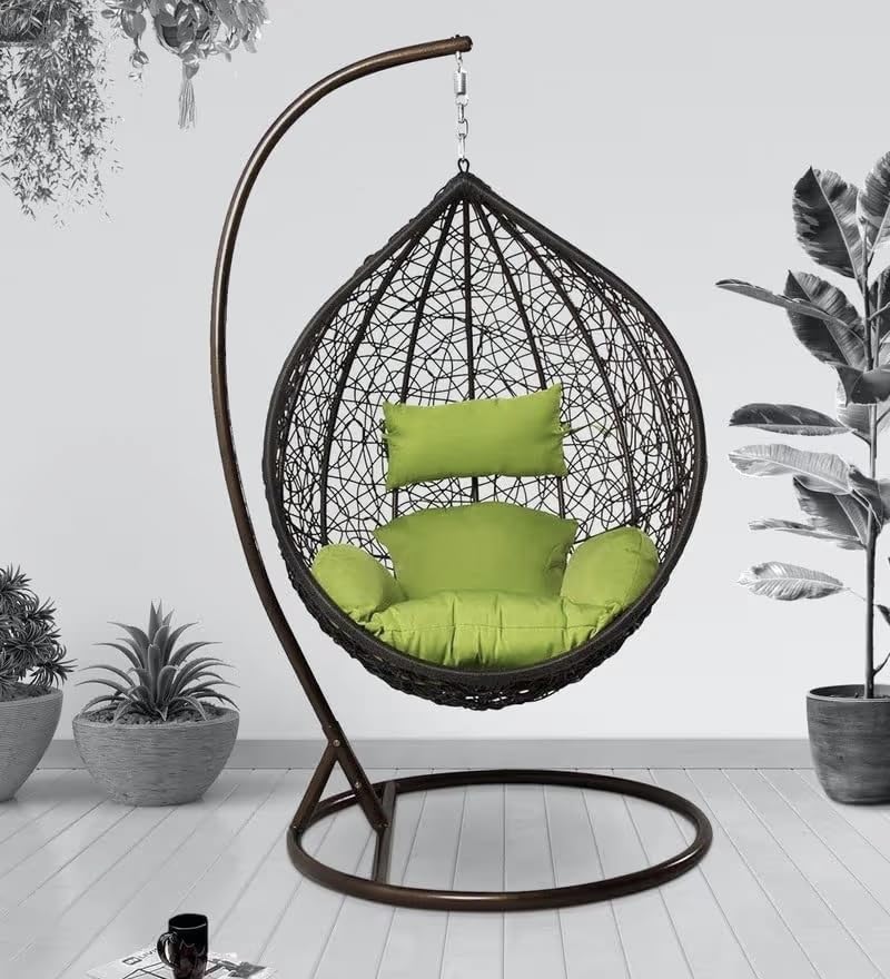 Image of Single Seater Swing Chair with Stand & Cushion Outdoor Indoor Balcony Garden Patio, Powder Coated Frame, UV-Protected Wicker, Premium Cushion, Swing Chair (Black-Parrot)