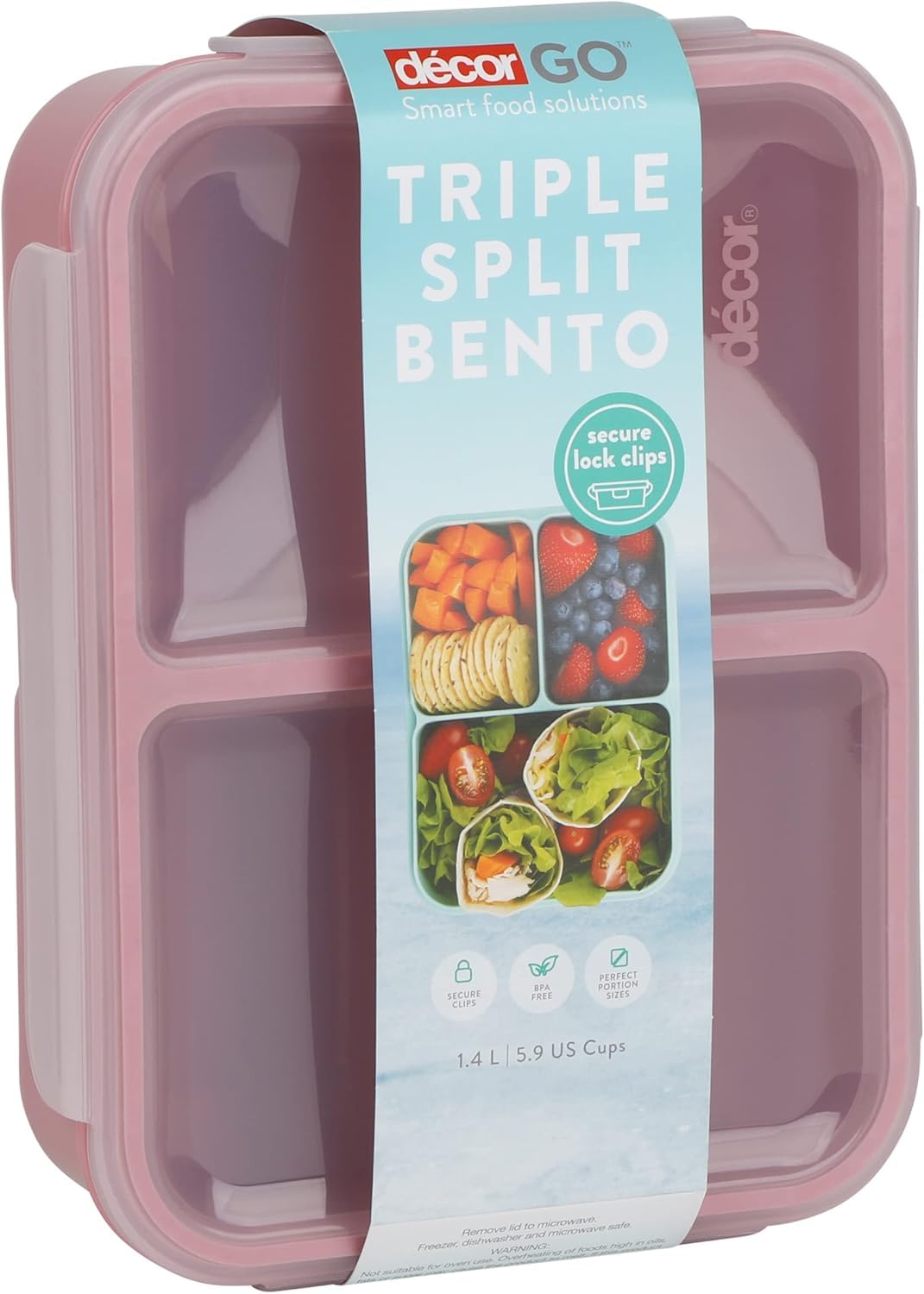 Décor Go Triple Split Bento Lunch, Box BPA-Free, Airtight & Leak Resistant, 3 Compartments To Arrange Meals, Salads, Snacks, Food Prep Container With Lid, Microwave, Freezer & Dishwasher Safe, 1.4L