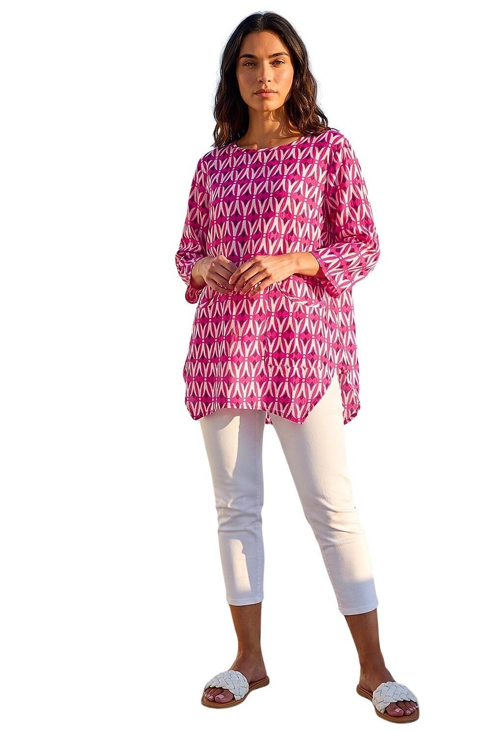 Roman Originals Women's Pink Roman Geometric Pocket Detail Longline Cotton Top For Uk - Everyday Holiday Spring Summer Round Neckline Comfy Soft Evening Vacation Work Party - Size 16