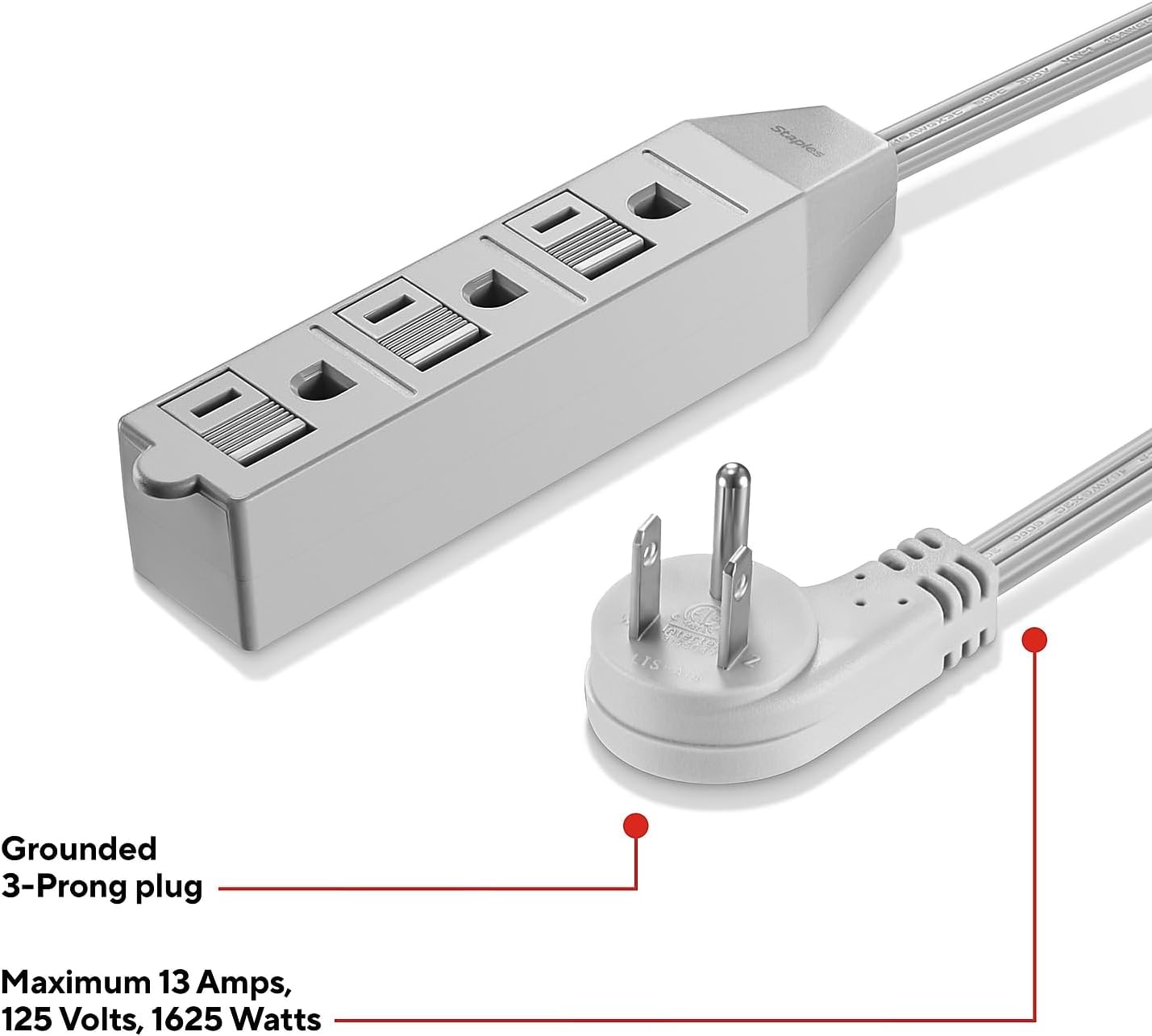 Staples 3-Outlet, 15ft Extension Cord, Gray