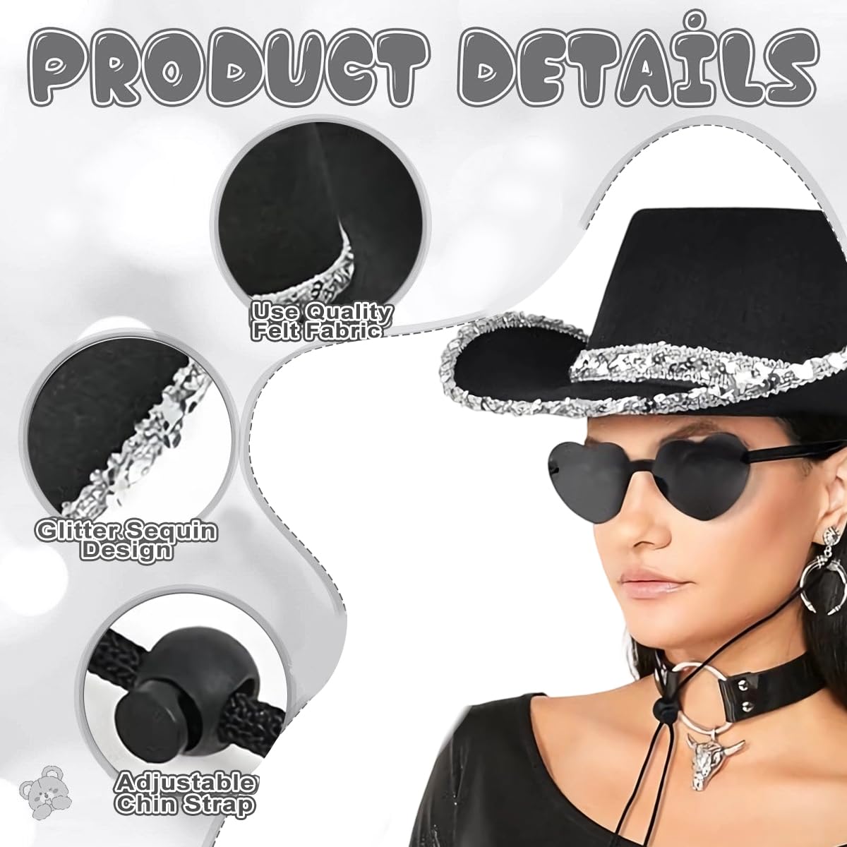 Chapeau de Cow Boy Noir, Cowgirl Chapeau 3 Pièces, Costume de Cow-boy de l'Ouest, Convient aux Adultes et aux Enfants pour une Utilisation lors de Carnavals et de Festivals