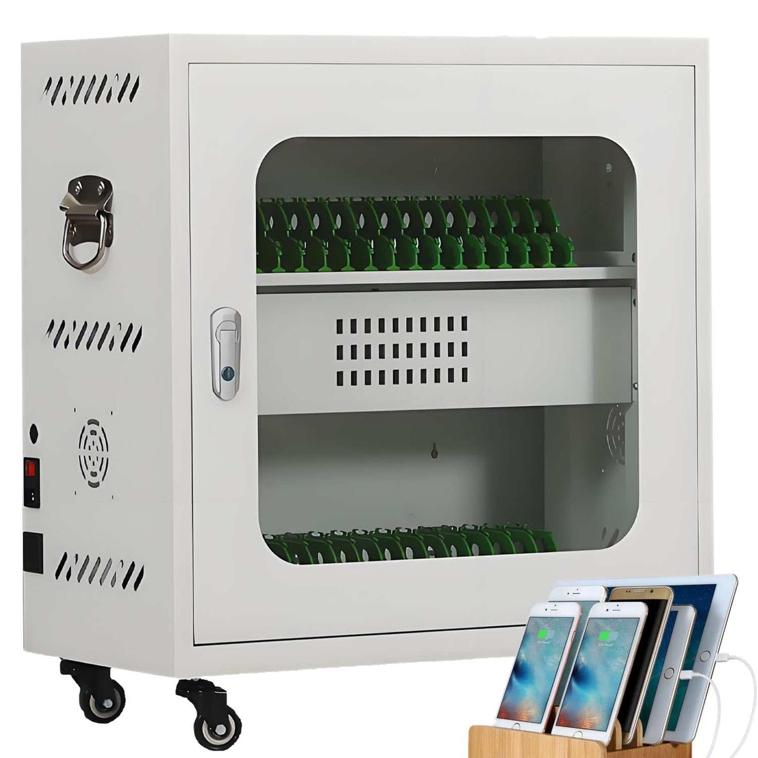 Stazioni di Ricarica per cellulari/Tablet, Carrello di Ricarica Mobile con vano portaoggetti, Ruote a 360°, con Ruote universali e Serratura, per impiegati di uffici scolastici 30slots