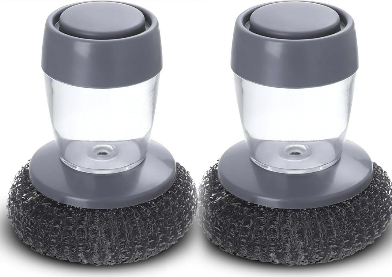 2Pcs Steel Scrubber with Soap Dispenser – Push Button Dish Cleaning Brush for Kitchen Sink, Utensils, Bowls & Woks | Multipurpose Liquid Dispensing Scrub Tool – Multi-Colored-image-32
