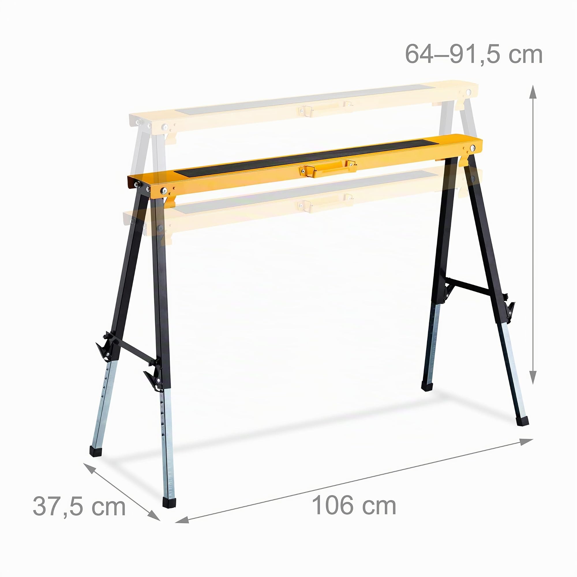 Relaxdays Caballetes de Trabajo Multiusos, Set de 2, 91,5 x 106 x 50 cm, Altura Ajustable, Asas, Plegables, Amarillo