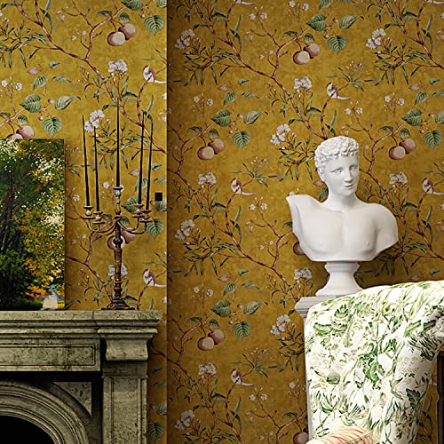 Rouleau de papier peint texturé pour chambre à coucher, salon - Motif pommier et fleurs - Jaune - 10 x 0,53 m