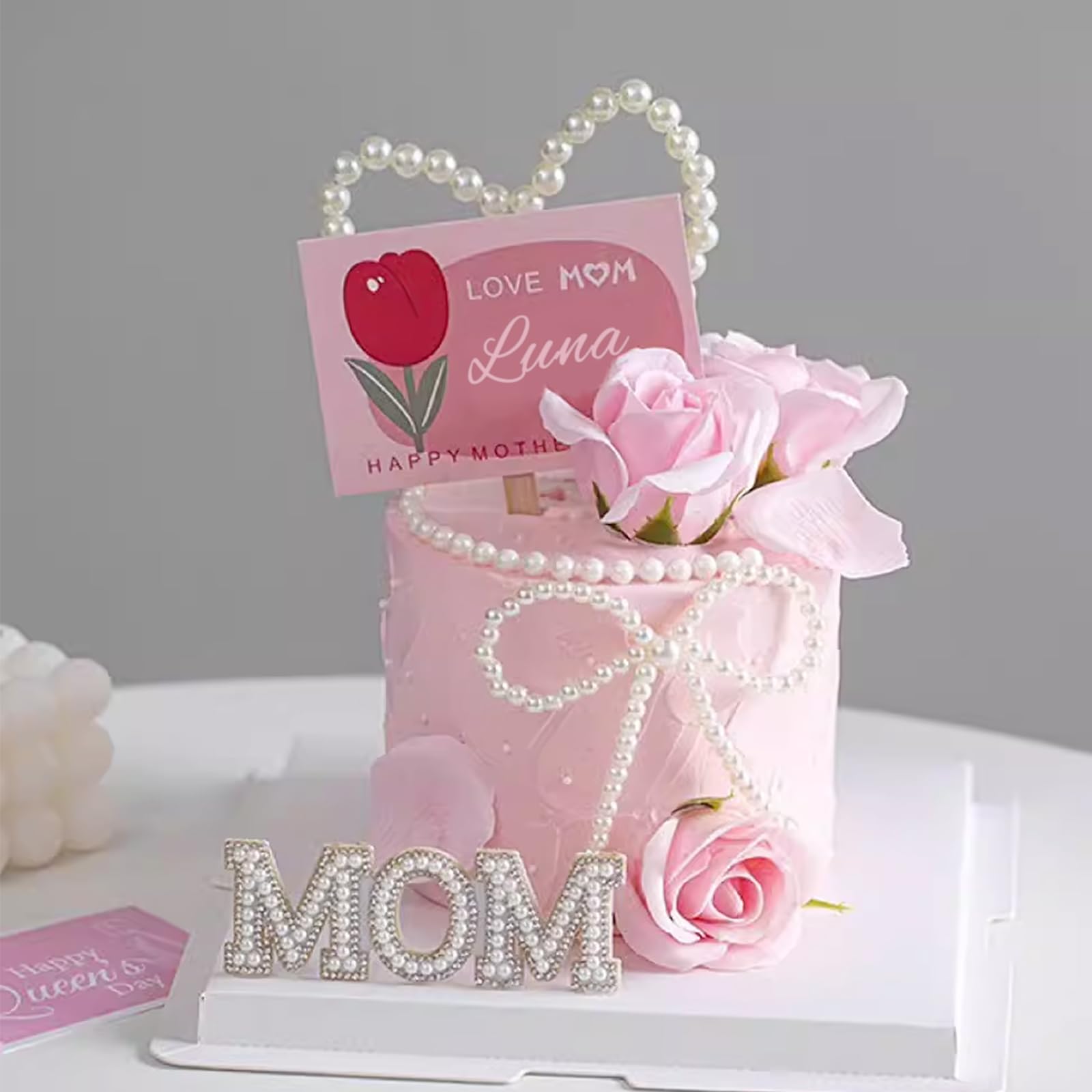 10 Pcs Pearl Bow Cake Toppers, 4.3x3.9 Inches Pink Pearl Beaded...
