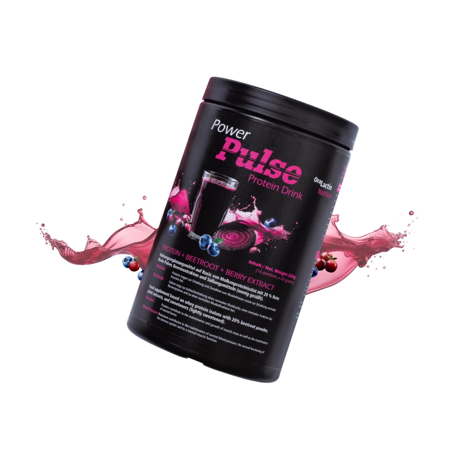 PowerPulse Protein en polvo con remolacha y bayas, proteína de suero con potasio y polifenoles, contribuye al mantenimiento de la masa muscular y de la presión arterial normal, 320 g (16 batidos)