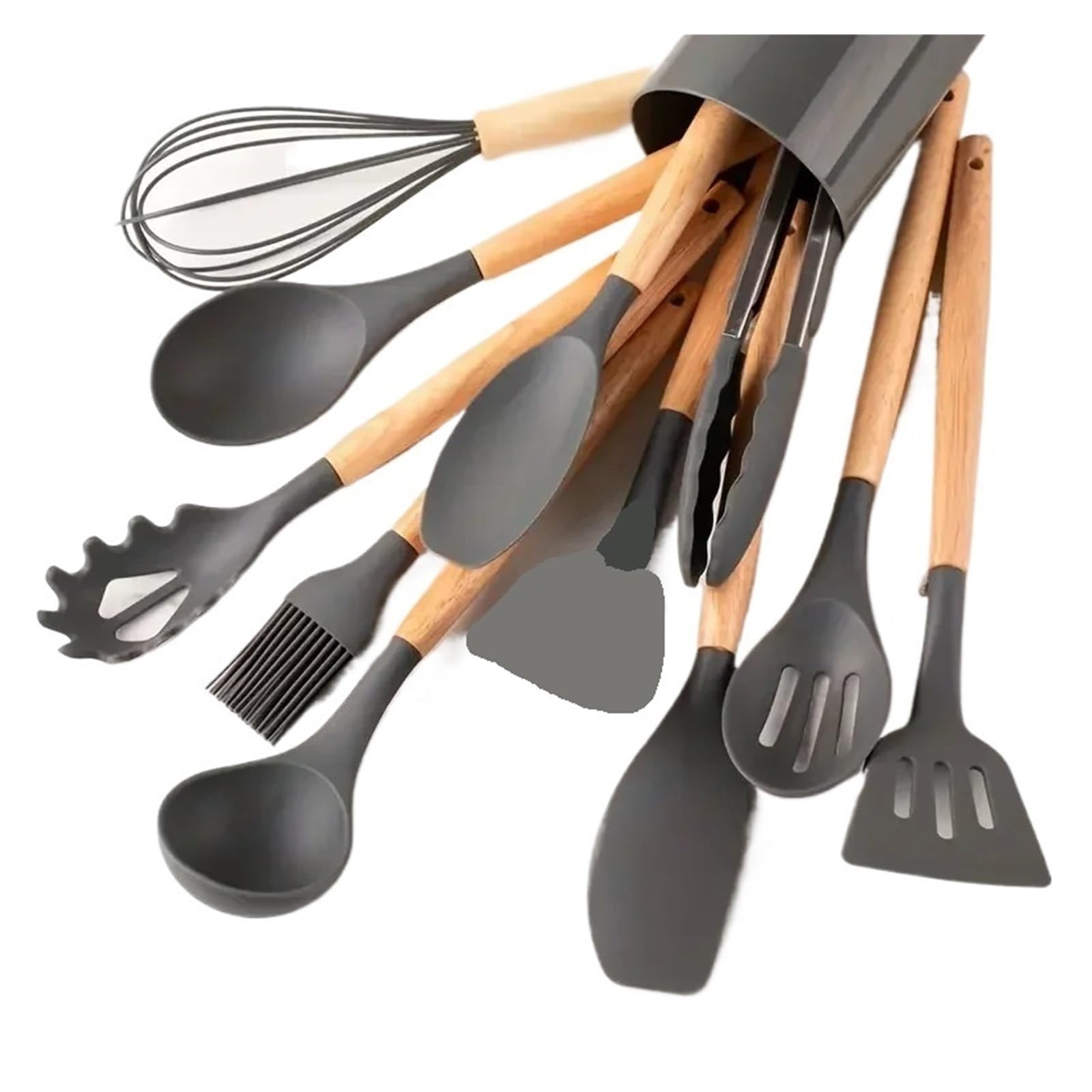 Juego de utensilios cocina con mango madera y silicona: espátula cuchara(12pcs gray)
