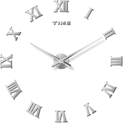 DIY Wall Clock Large Frameless 3D Clock Mirror Effect Classical Roman Numerals Wall Sticker Metal Hands Silent Quartz Movement Decor for Living Room, Bedroom, Office (Silver)