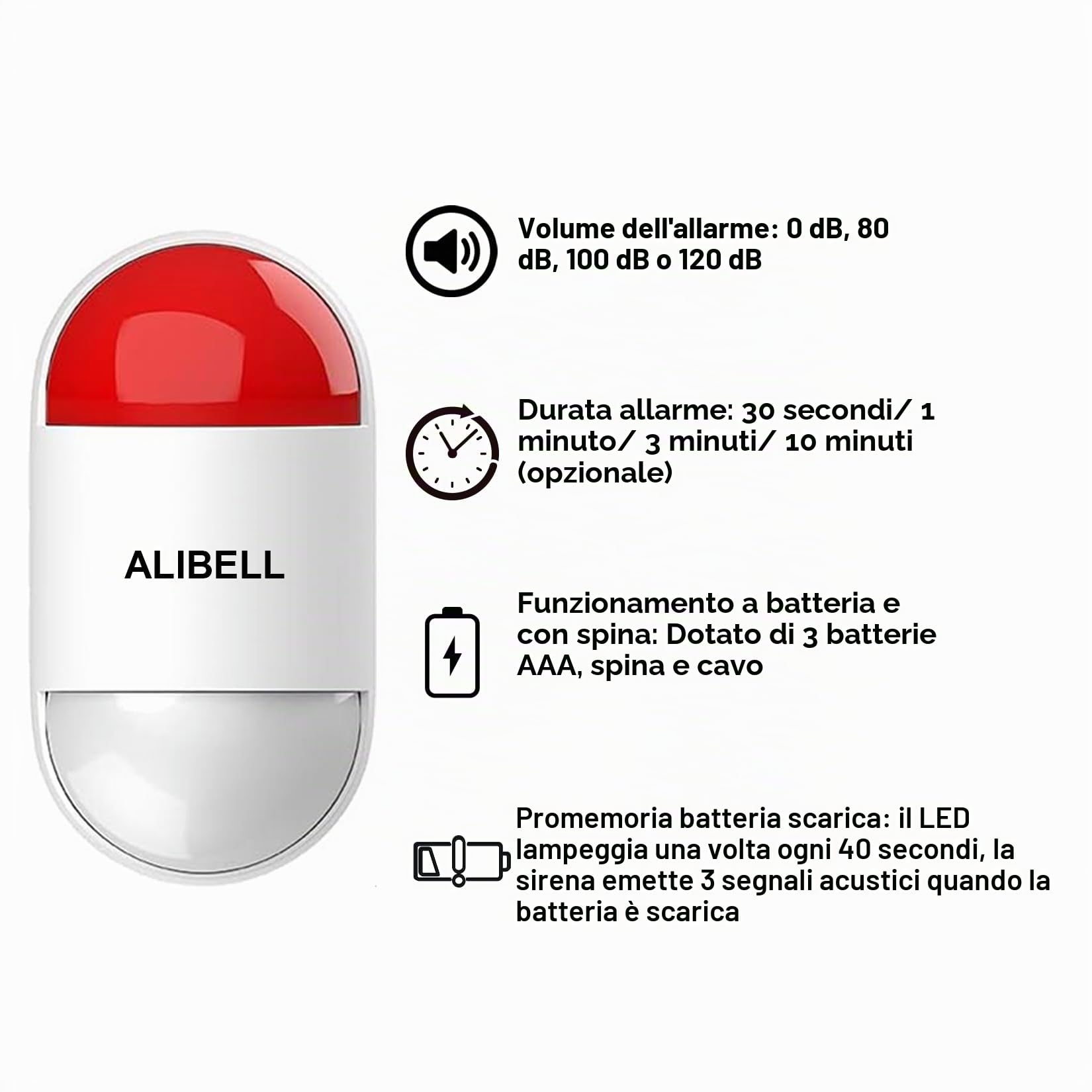 ALIBELL Allarme personale 120 dB sirena, sistema di allarme di emergenza per casa/negozio/fabbrica, 2 pulsanti di emergenza + 1 sirena (funzionamento a batteria e Plug-in Alimentazione a Rete)