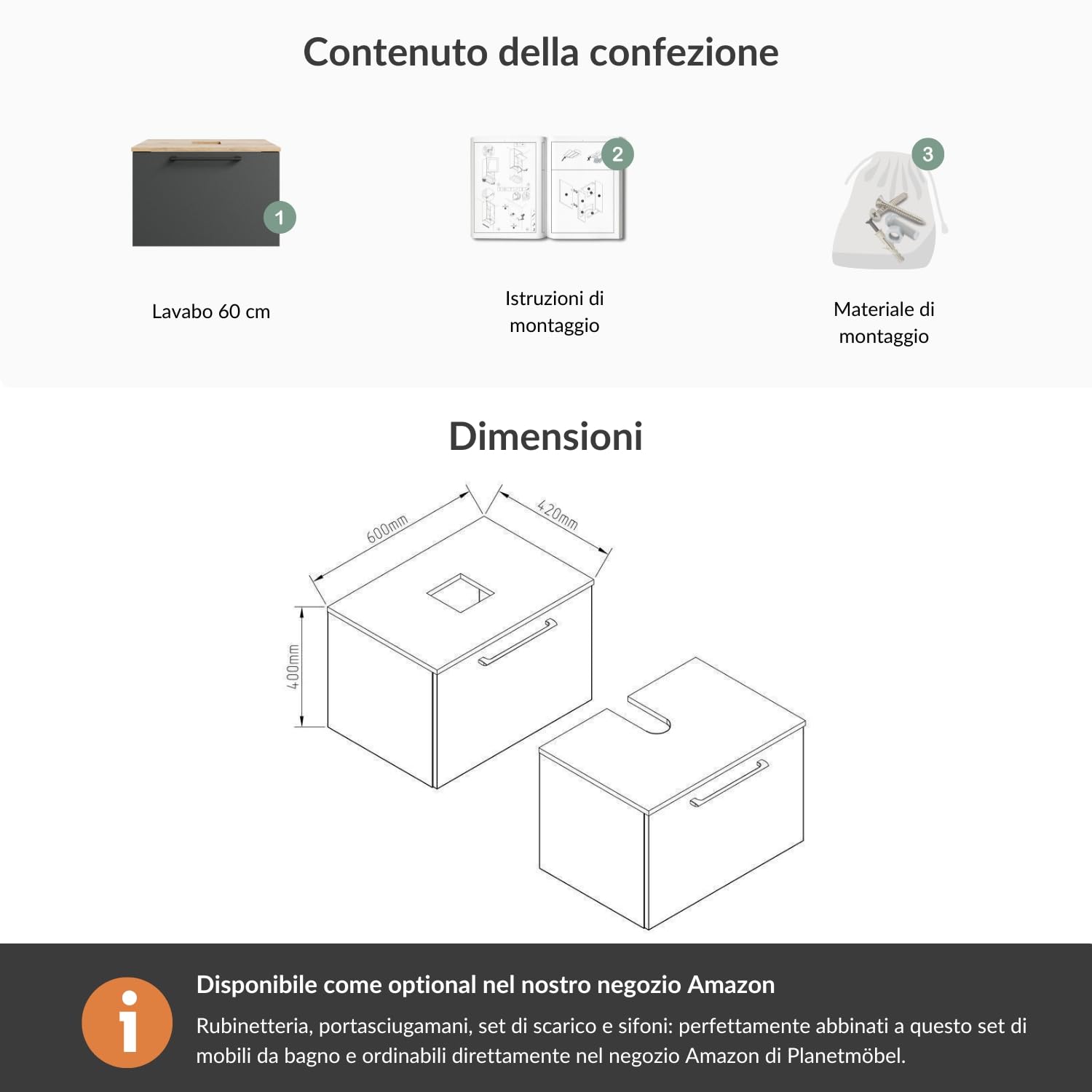 Planetmöbel Astra Set mobili bagno con mobile sottolavabo 60 cm, rovere dorato antracite, senza lavabo da appoggio