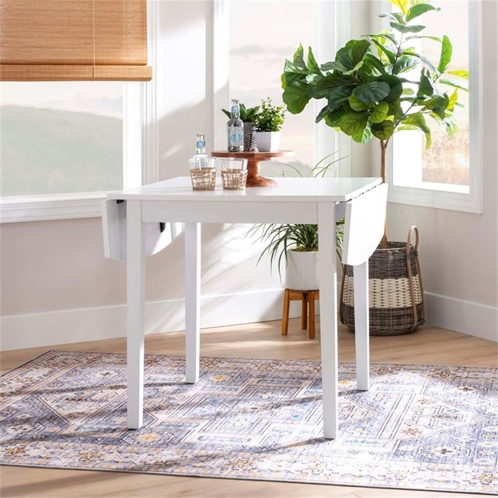 Pemberly Row Contemporary Wood Expandable Square Drop Leaf Table, 48"w x 30"d x 30"h, White Finish, Solid Rubberwood and MDF, Adjustable Dining Table for Kitchen, Breakfast Nook, or Small Space Living