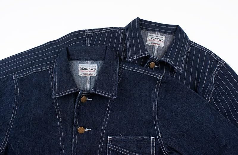 [Bebemax] 作業用デニムジャケット メンズ 縦ストライプ 鉄道工事風 高密度織り 防擦傷仕様 多層ポケット アウトドアワーク