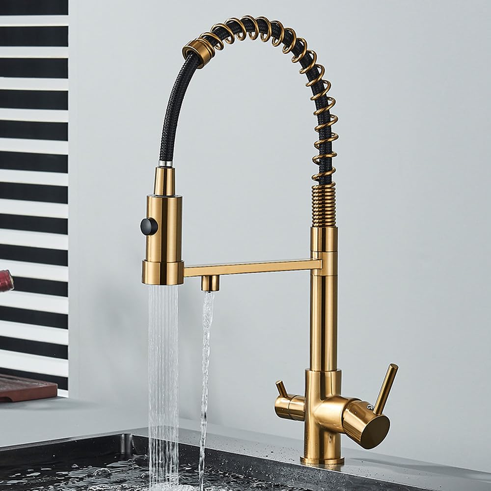 FCXWEVR Black Kitchen Faucet with Filter – 360° Rotating Brass Sink Mixer Tap Dual Mode Brushed Gold Finish for Drinking Water – Elegant Kitchen Essential