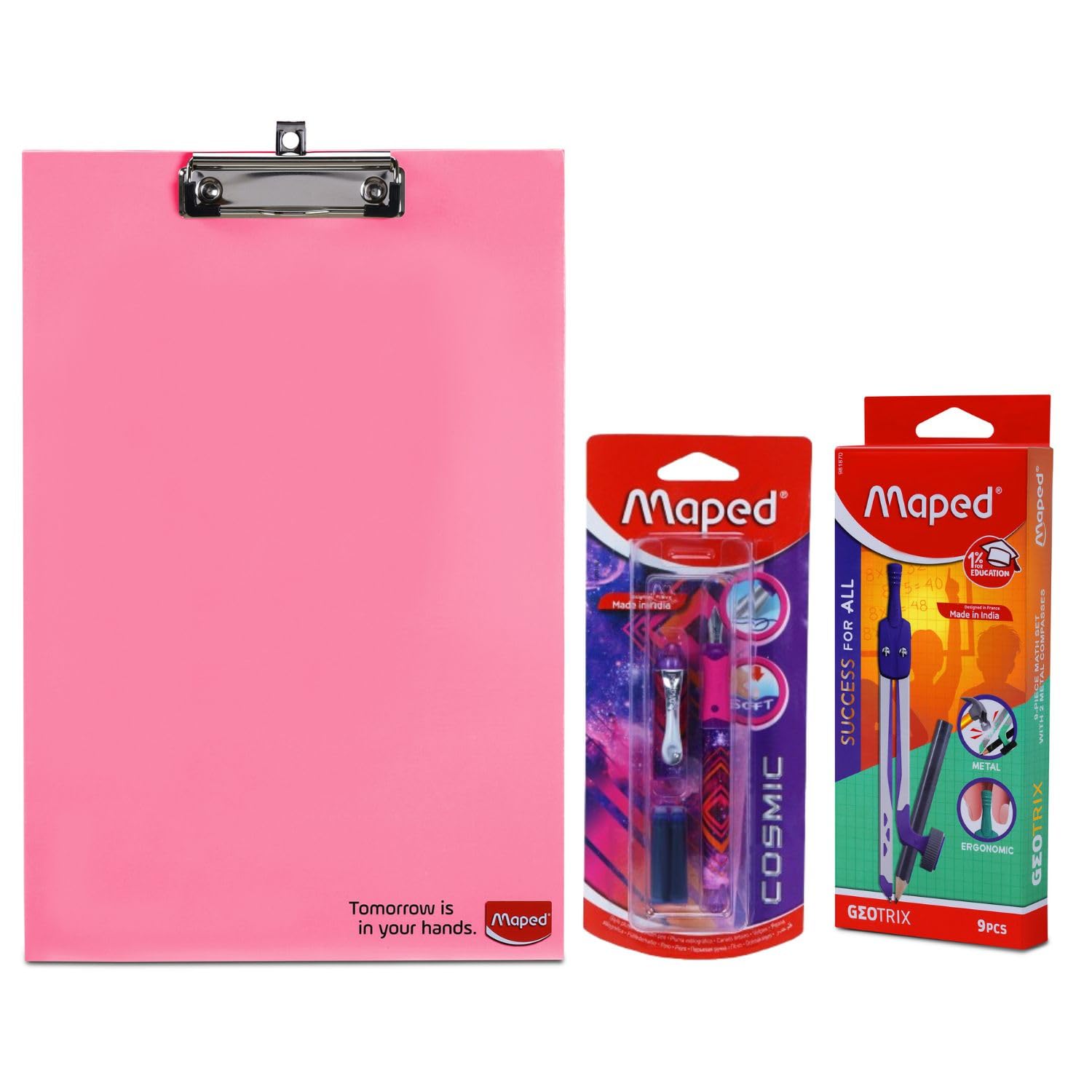 Maped StudyMate - Set di 3 compasso, 9 pezzi, con portablocco in MDF color pastello e penna stilografica, set completo di studio per esami scolastici e studenti, ideale per disegnare, redigere e