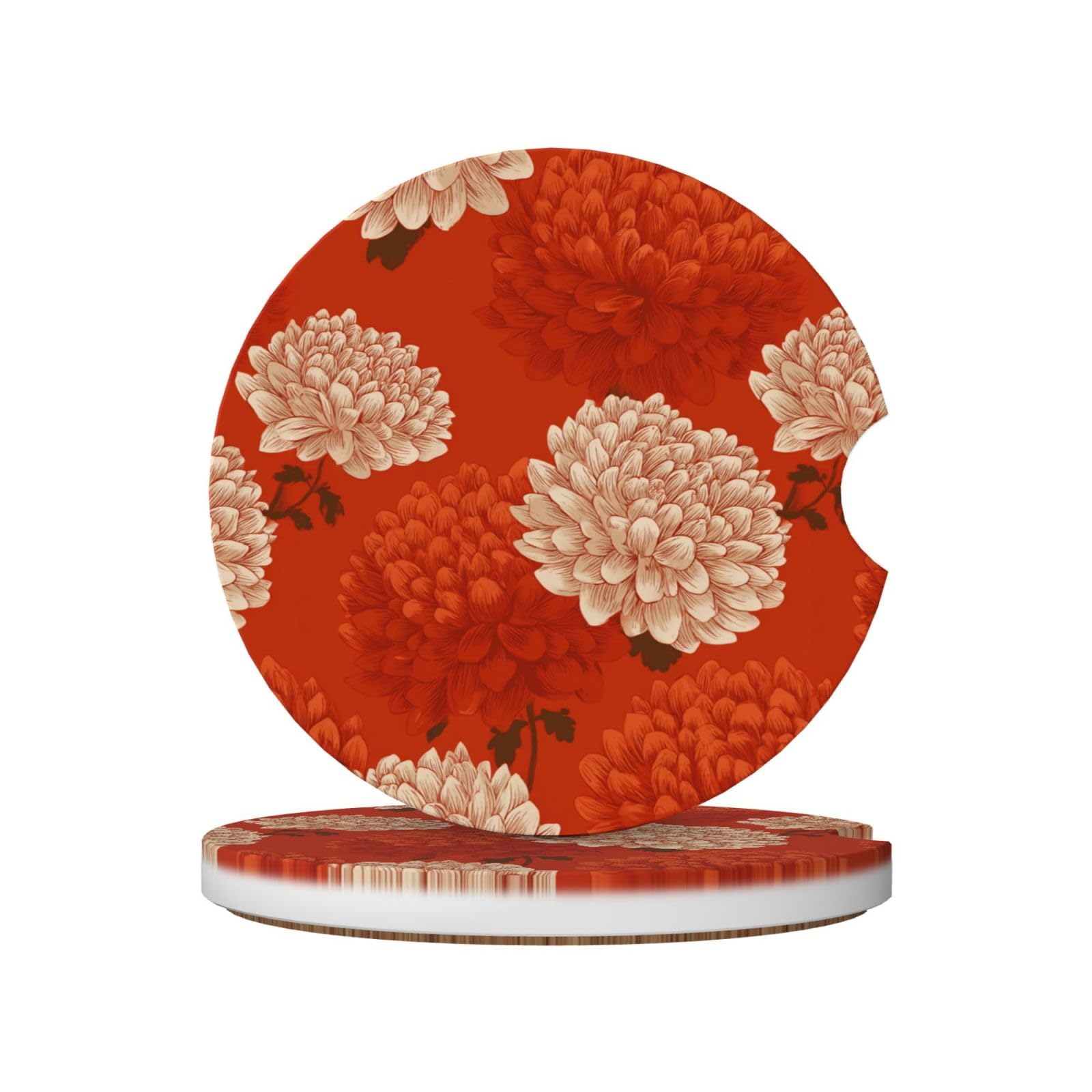 Dahlia Flowers Botanical Motifs Rust Red Beige Ceramic Coasters,2pcs